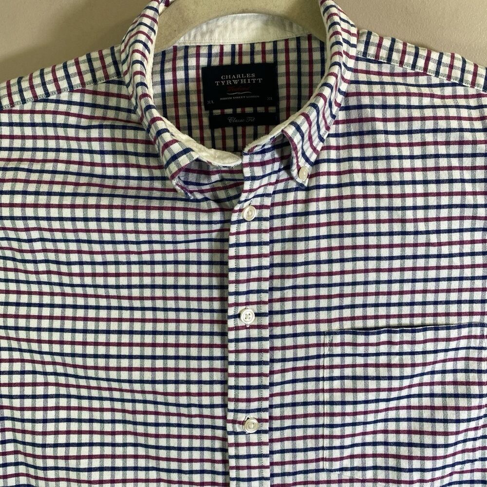 CHARLES TYRWHITT Shirt Mens XL White Red Plaid Flannel Classic Fit Casual Soft